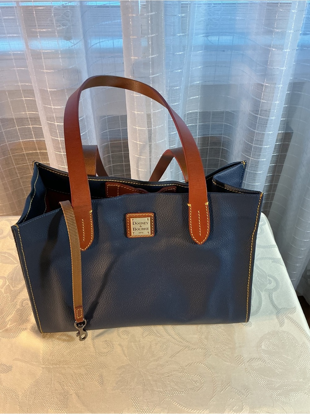 Dooney & Bourke Navy Blue Pebble Grain Leather Tote Bag with Tan Leather Trim - Picture 5 of 5